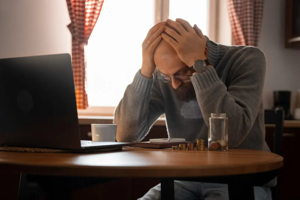 Stressed man holding his head at a desk with a laptop and glass of water.